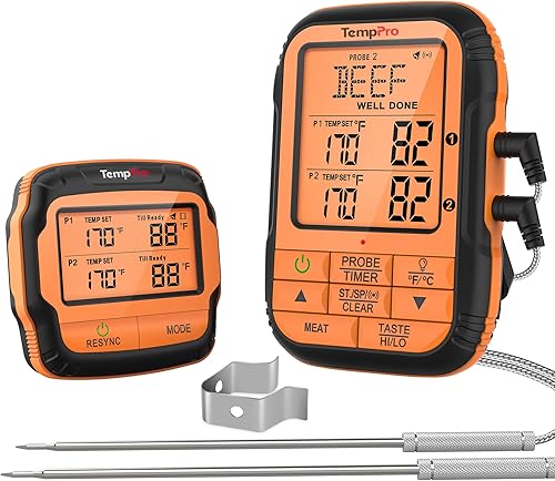 Termómetro de carne ThermoPro TP28 inalámbrico con sonda doble para barbacoa, termómetro para parrilla exterior, termómetro de carne para ahumador,