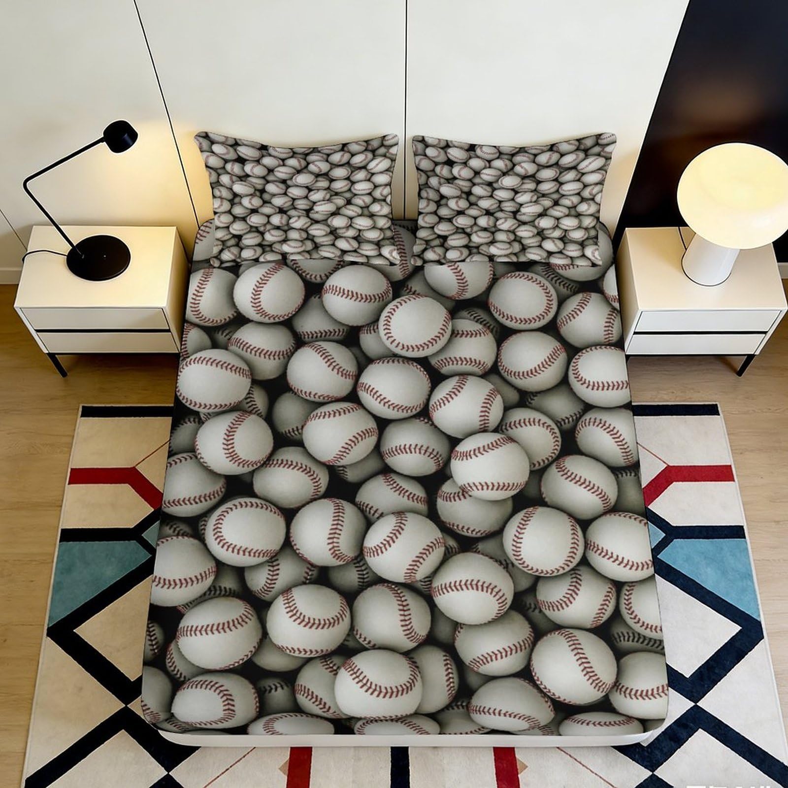 3D Printed Baseball Fitted Sheet, Microfiber Soft Touch, Wrinkle Resistant Bed Cover for Bedroom, Guest Room, Apartment Bedding, Easy Care, Decorative 90x200x25cm