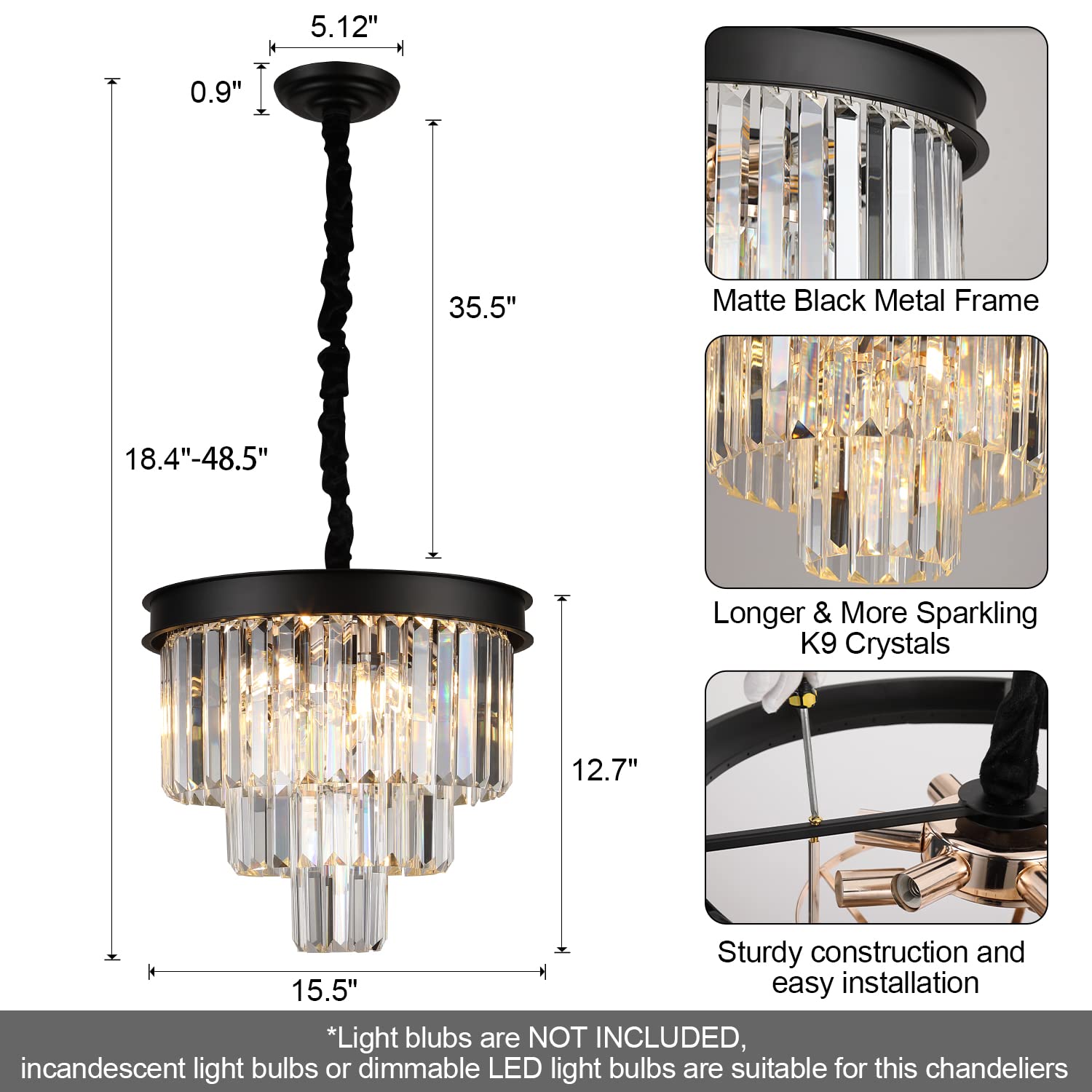Nowoczesny kryształ SXSHEYSs 40 cm/40 cm czarna oprawa oświetleniowa 3 poziomy ściemnialny montaż podtynkowy okrągła kropla deszczu do salonu jadalni przedpokój kuchnia wejście Made in China
