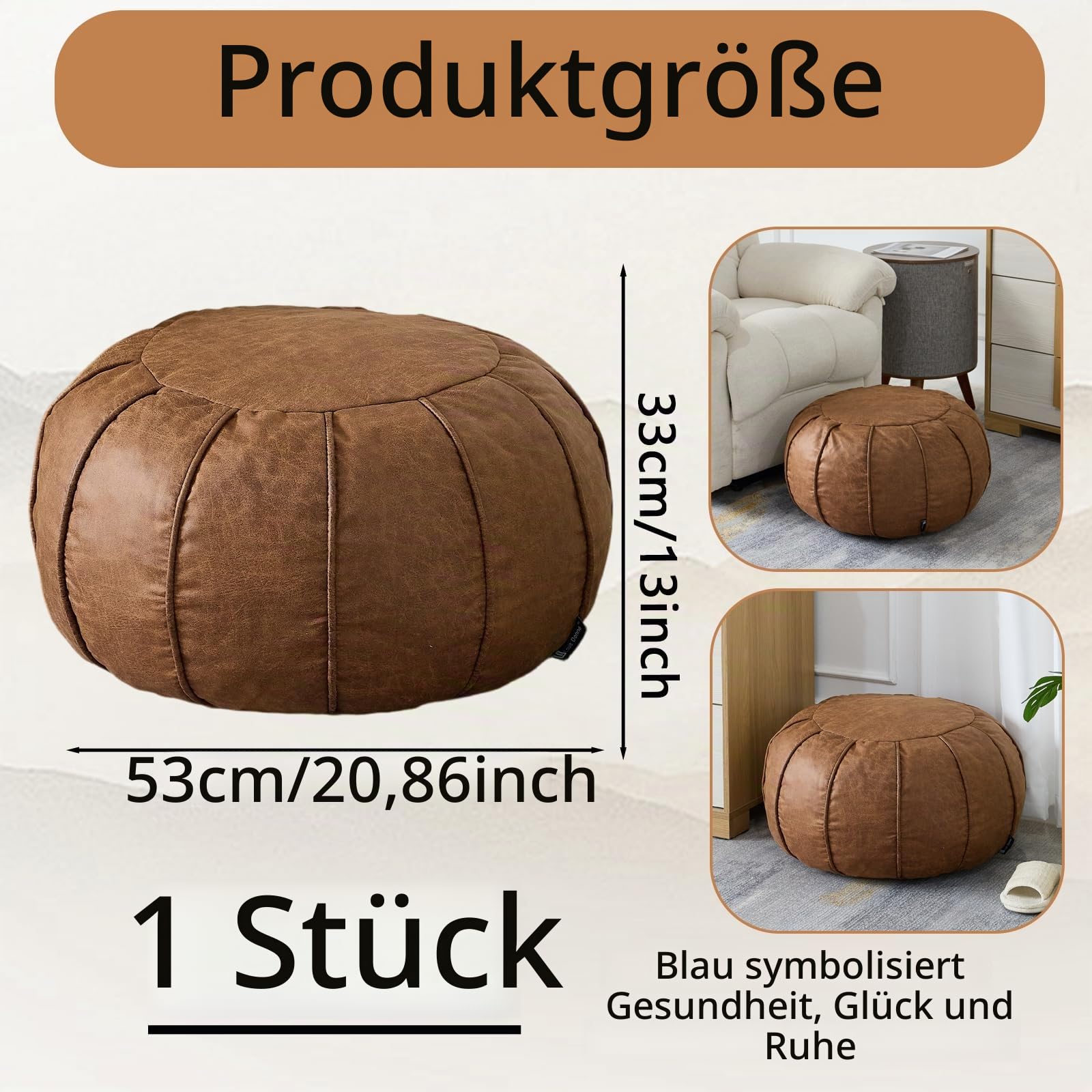 Louis Donné Ungefüllter runder Pouf Bezug, Supersoft handgefertigter Ottoman aus Kunstleder, Sitzpouf mit Aufbewahrung, Fußhocker und Fußstütze für Wohnzimmer, Balkon, Büro und Indoor (Braun)