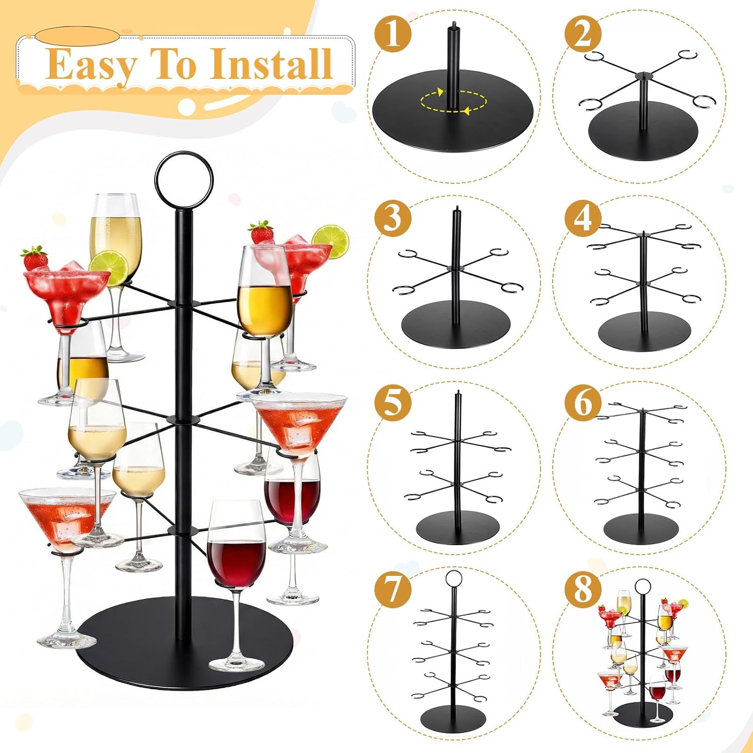 3 Tier 12 Holders Metal Drink Tower, Cocktail Tree Stand for Parties, Wine Glass Holder Stand for Bar Champagne Tower Martinis Stands Mimosa Towers