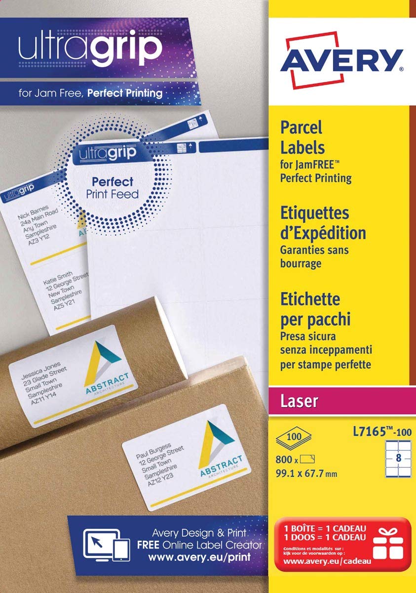 Avery L7165 Self Adhesive Parcel Shipping Labels, Laser Printers, 8 Labels Per A4 Sheet, 800 Labels, UltraGrip, WhiteThe Forest Stewardship Council