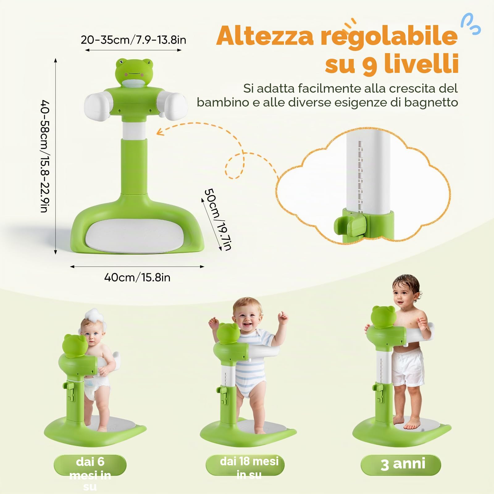 Supporto Doccia Bambini in Piedi, Supporto per Doccia Bambini Regolabile con Sedile e Base Antiscivol, Supporti per Vasca da Bagno per Bambini, Supporti Doccia Bambini dai 6 ai 36 Mesi (Rana)