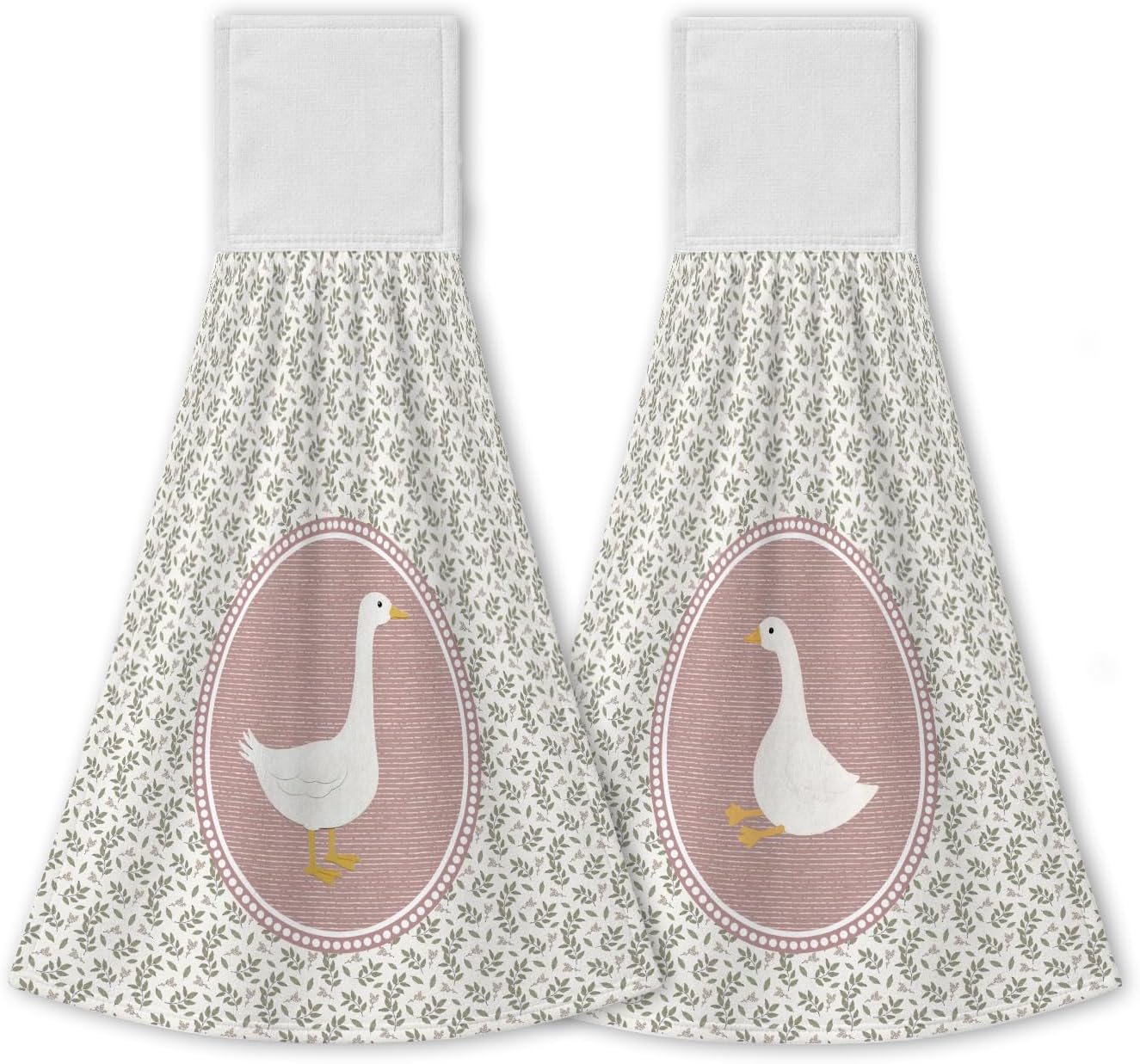 Chinoiserie Goose Floral Hanging Kitchen Dish Towels Set of 2, Blue and White Grandmillennial Flower Goose Absorbent Hand Tie Towels Washcloth for Bathroom Washroom Spa Gym