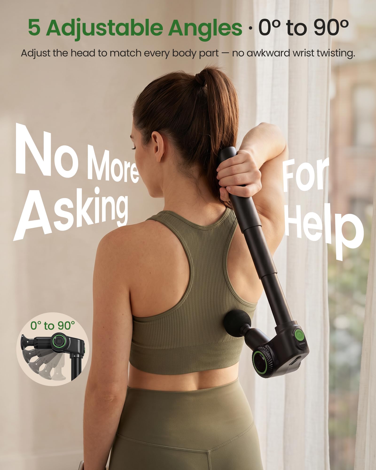 Pistolet de Massage Musculaire Profond Pliable avec Poignée Extensible | Masseur dos 3-en-1 avec 5 angles réglables, massage par percussion 10 mm, 5 Vitesses, étui de transport inclus