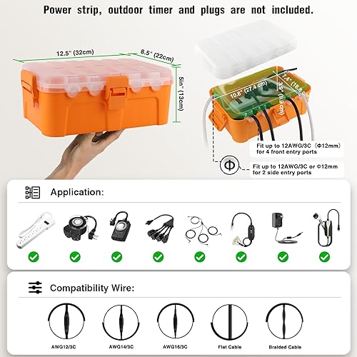 Miniatura 87 de Flemoon Caja eléctrica grande para exteriores (12.5 x 8.5 x 5 pulgadas), cubierta de cable de extensión impermeable IP54 resistente a la intemperie