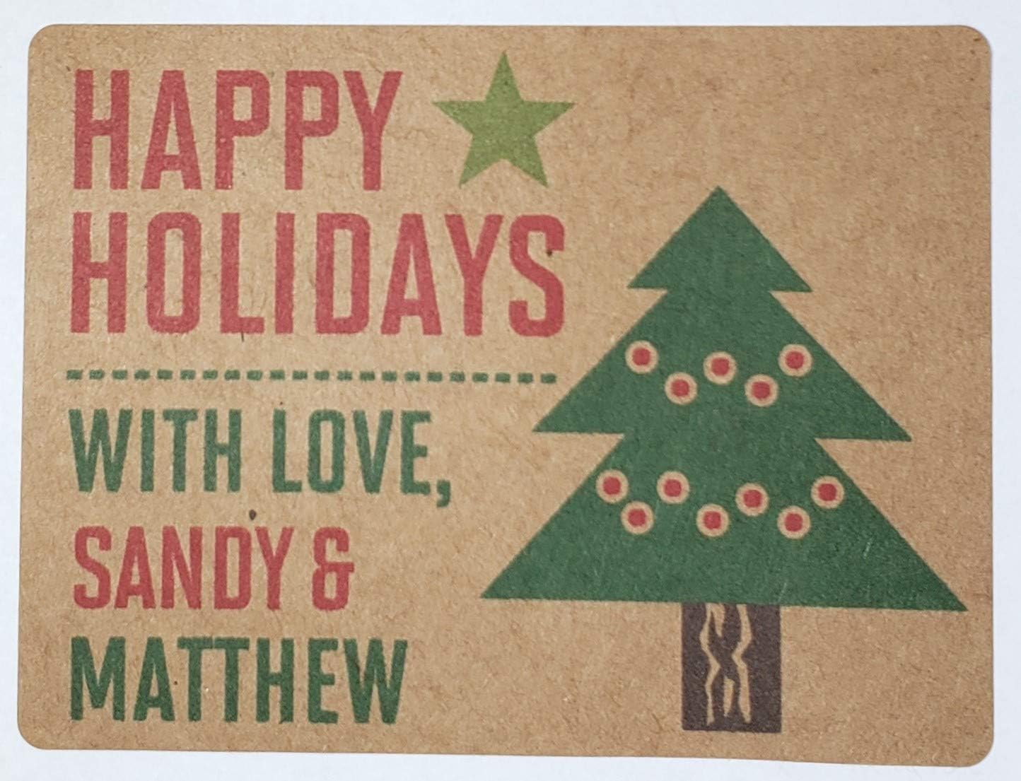 PERSONALIZED HAPPY HOLIDAYS Wine Bottle or Gift Labels on Kraft (18, 3.5"W X 4"H)
