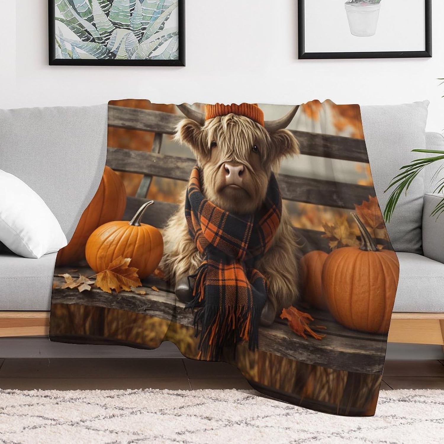 Autumn Cow Wearing Scarf Pumpkin Flannel Fleece Throw Blanket for Kids, Soft Lightweight & Anti-Pilling Cozy Blanket for Couch, Bed, Sofa, Camping, and Travel 70"x80"