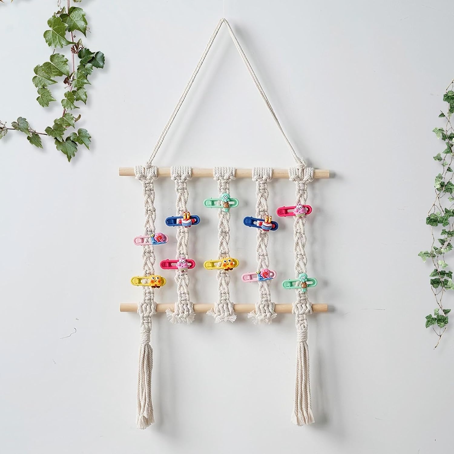 Macrame Hair Claw Clip Organizer - Boho Cotton Rope Wall Organizer for Hair Accessories, Decorative Storage Shelf for Bedroom, for Girl Woven Tapestry Hanging - Hair Clip Storage Organizer