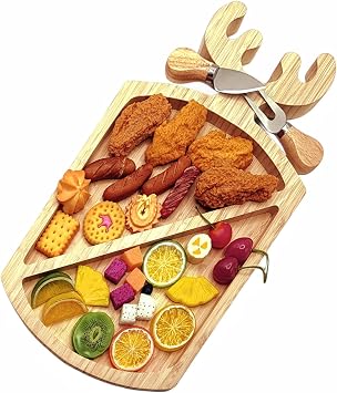 Personalized Charcuterie Board Bamboo Cheese Board & Knife Set Funny Christmas Tree Leaf Charcuterie Board Aperitif Board for Crackers Meat Fruit Xmas-Deer