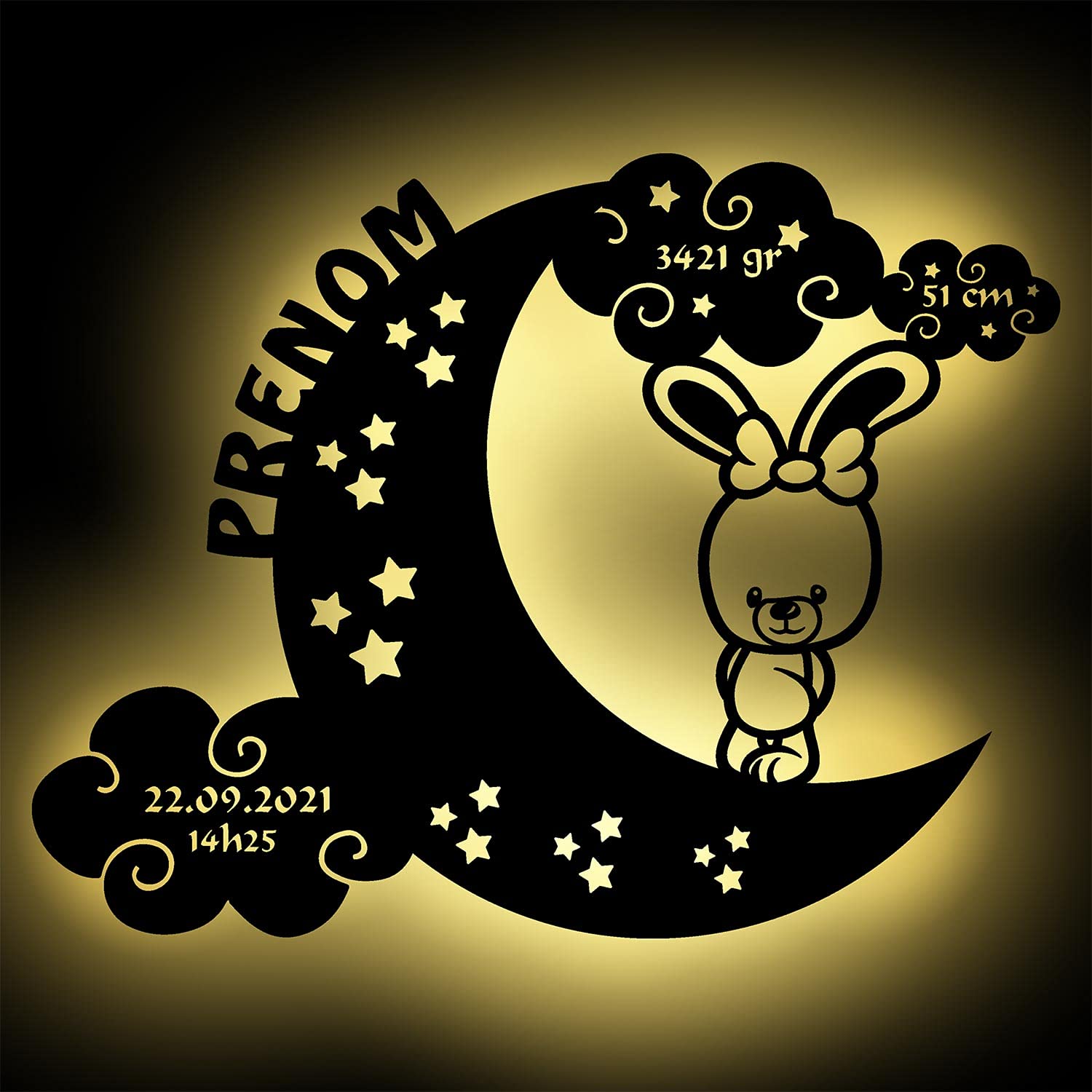 Namofactur Lampe Led Murale – Veilleuse Lapin Sur Lune Pour Bébés – Prénom, Date De Naissance, Poids Et Taille Personnalisable - Idée De Cadeau Pour Nouveau-Nés, Parents, Anniversaire