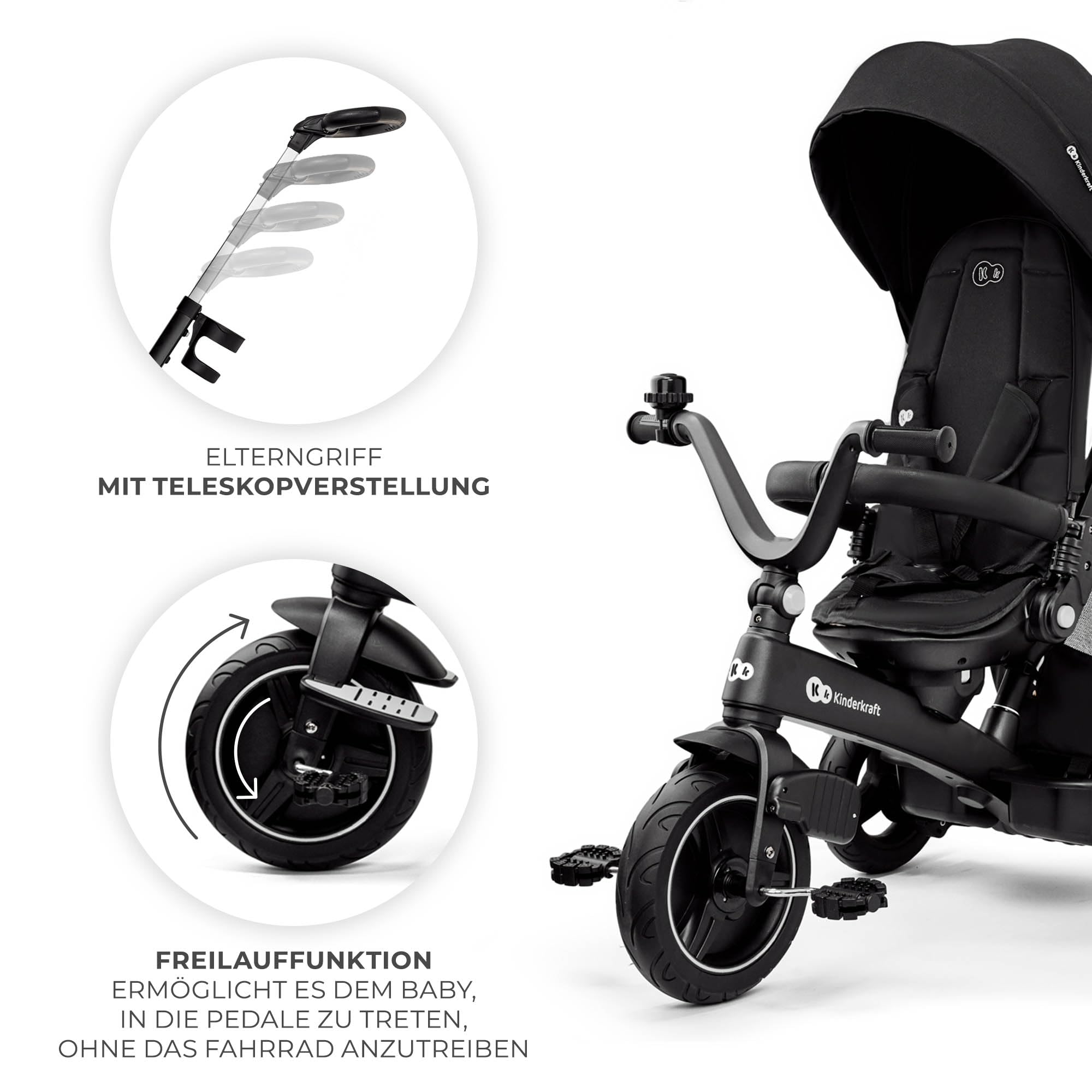 Kinderkraft EASYTWIST evolutionäres Dreirad, ausziehbar, um 360 Grad drehbarer Sitz, für Kinder im Alter von 9 Monaten bis 5 Jahren, Schwarz
