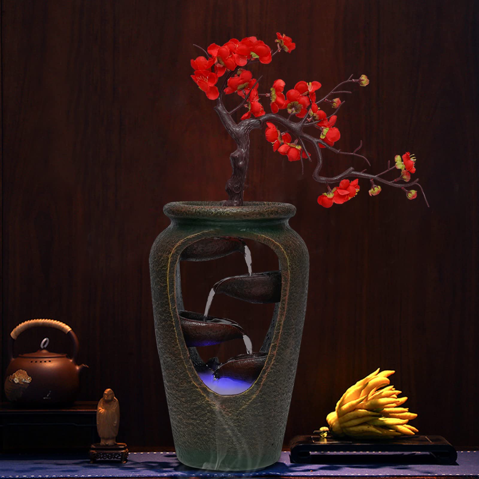 Indoor 20” H Desktop Fountain,Relaxation Tabletop Resin Fountain Waterfall Feature, Vase Shape Illuminated Waterfall with Automatic Pump and Color Changing LED Lights for Home, Office, Coffee Shop