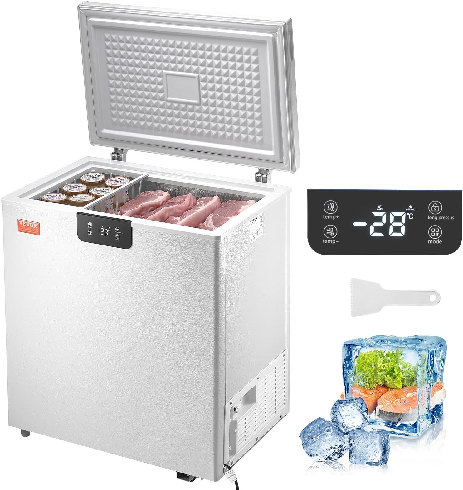 VEVORChest Freezer, 5 Cu.ft Compact Deep Freezer, Free Standing Top Open Door Compact Freezers with 2 Removable Baskets & Adjustable Thermostat, Energy Saving & Low Noise, White