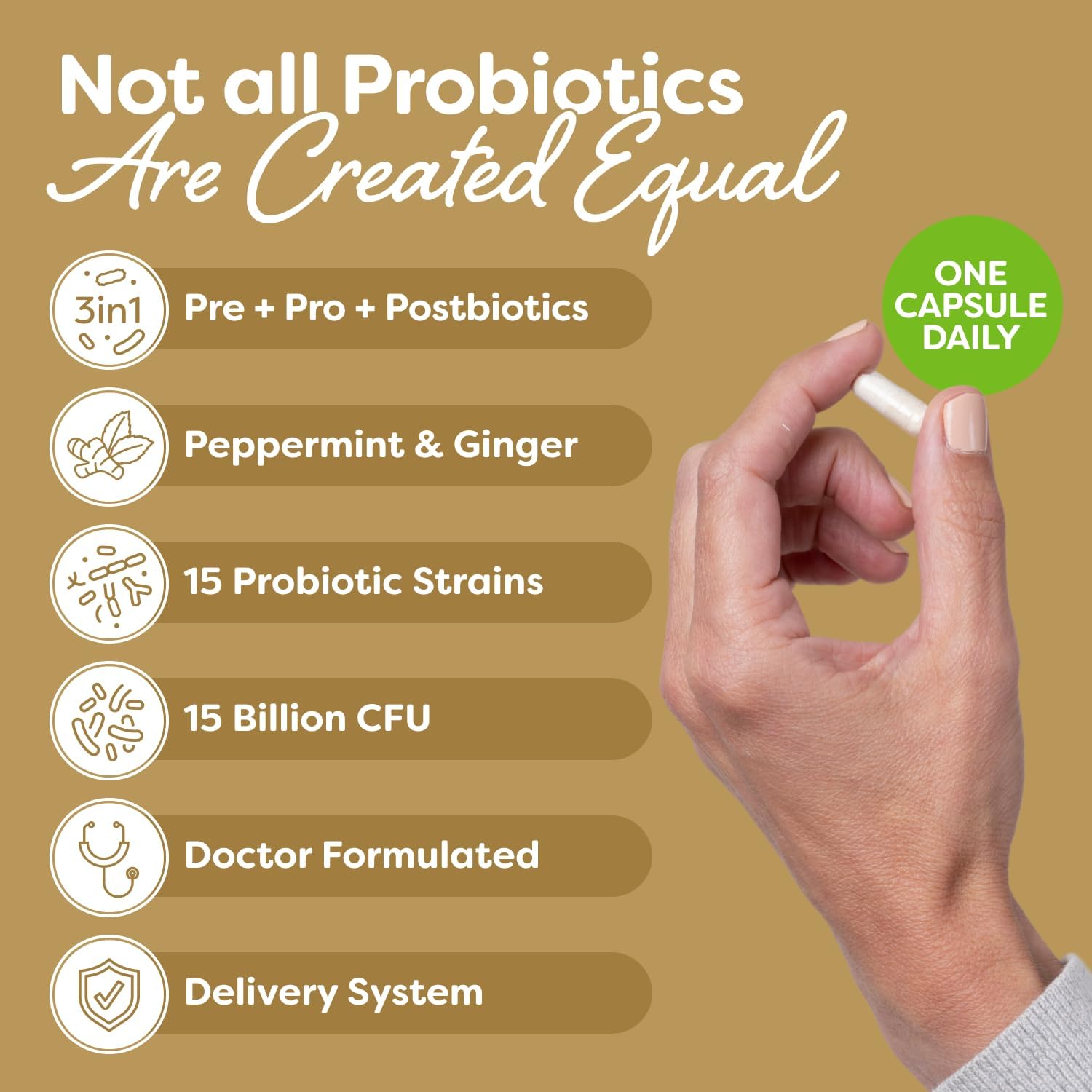 Probulin Total Care Soothe Prebiotic, Probiotic and Postbiotic + Ginger & Mint for Digestive Soothing - 15 Billion CFU - 15 Strains - 30 Vegan Capsules