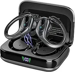 Fones de ouvido esportivos sem fio, fones de ouvido estéreo Bluetooth, 75 horas de reprodução, com microfone HD, cancelamento de ruído ENC, tela de LED duplo, à prova d'água IP7