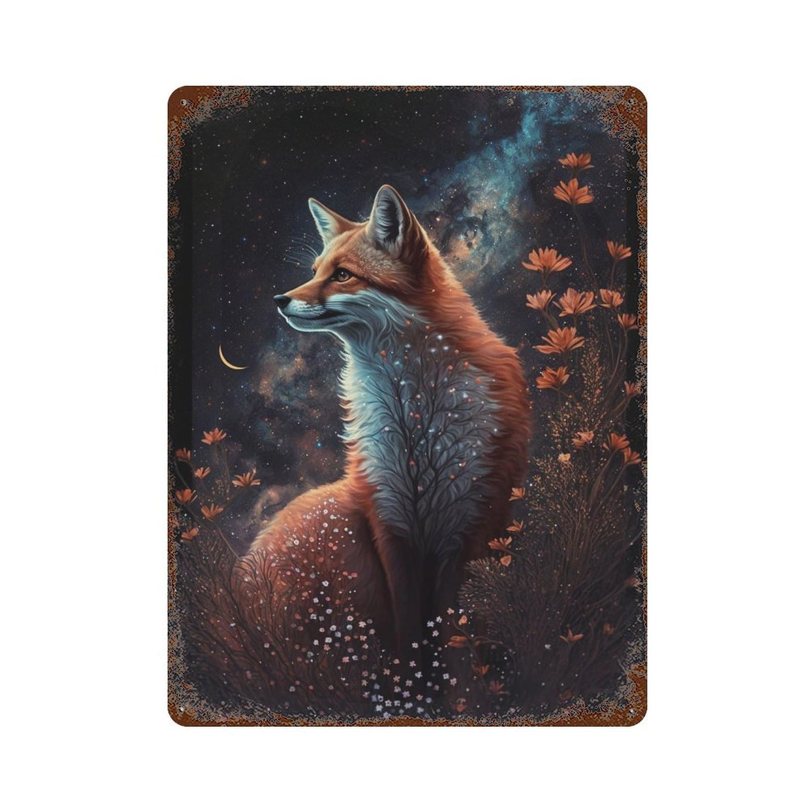 Rust Effect Magical Fox in Starry Night -3 Distressed Metal Wall Sign 15.7"x11.8", Farmhouse Wall Decor for Office, Studio And Wall Decor