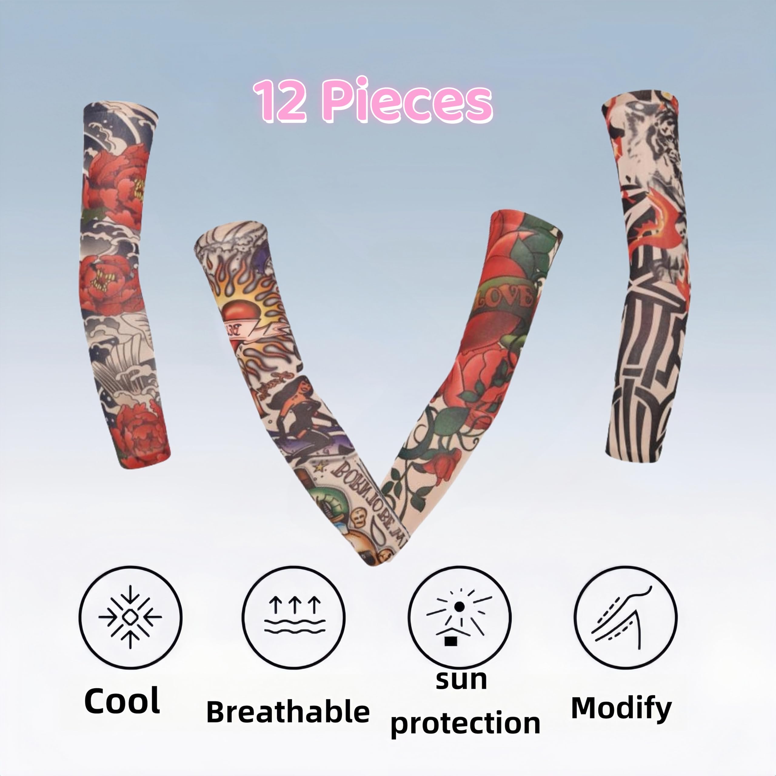 SDXCJY 12 Pieces Tattoos Sleeves Cover Art Arm Fake Tattoo Sleeves Cover For Men Women Nylon Sleeve Arm Stockings Elastic Biker Sleevelet Halloween Tattoo Hip Hop Sun Block Sleevelet (12 Pieces) - Image 4