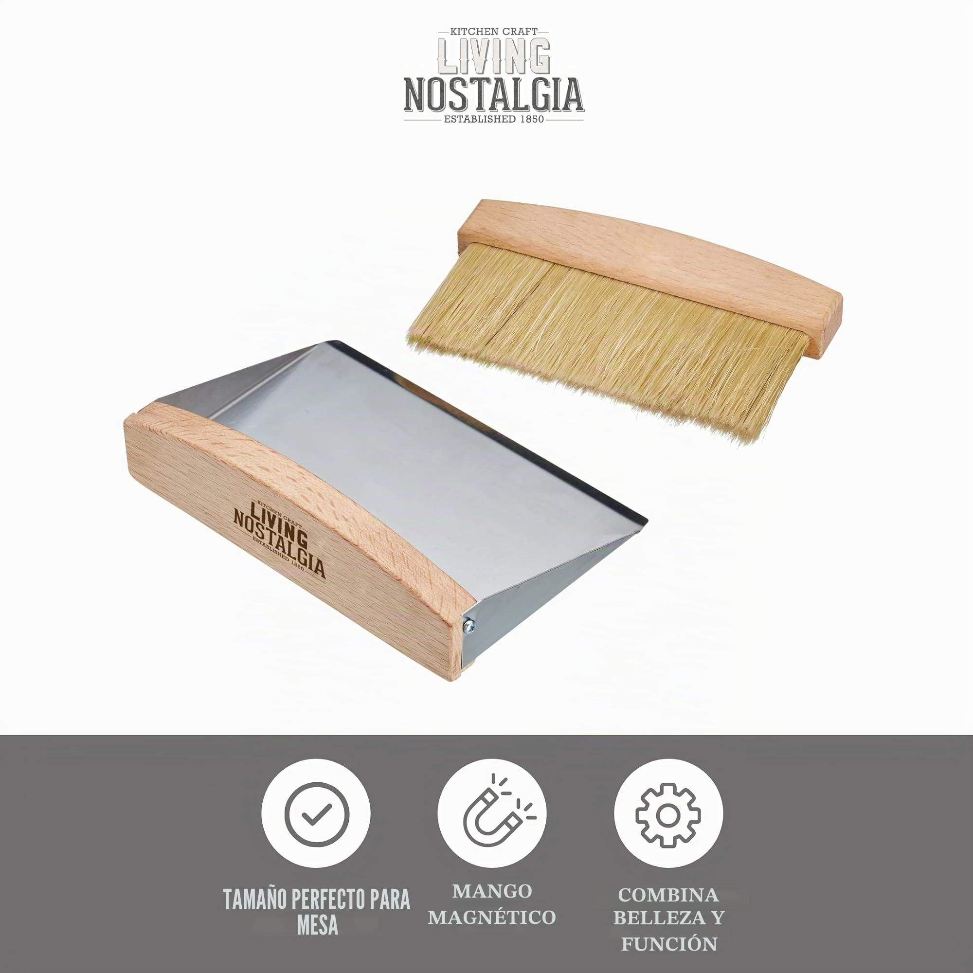 KitchenCraft Living Nostalgia Juego de Cepillo y Recogedor Sobremesa Acero Inoxidable Madera Magnéticos 16 x 11 x 4 cm