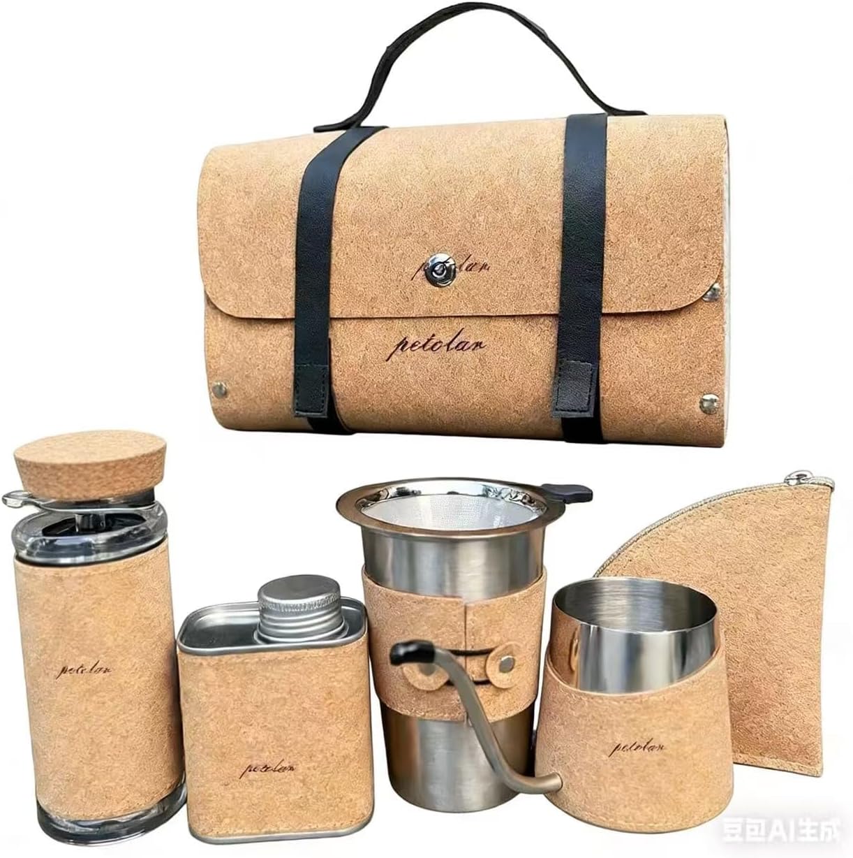Portable Coffee Maker Set, 7-Piece Outdoor Coffee Kit with Hand Grinder, Pour Over Kettle, Cork Carrying Case, Stainless Steel