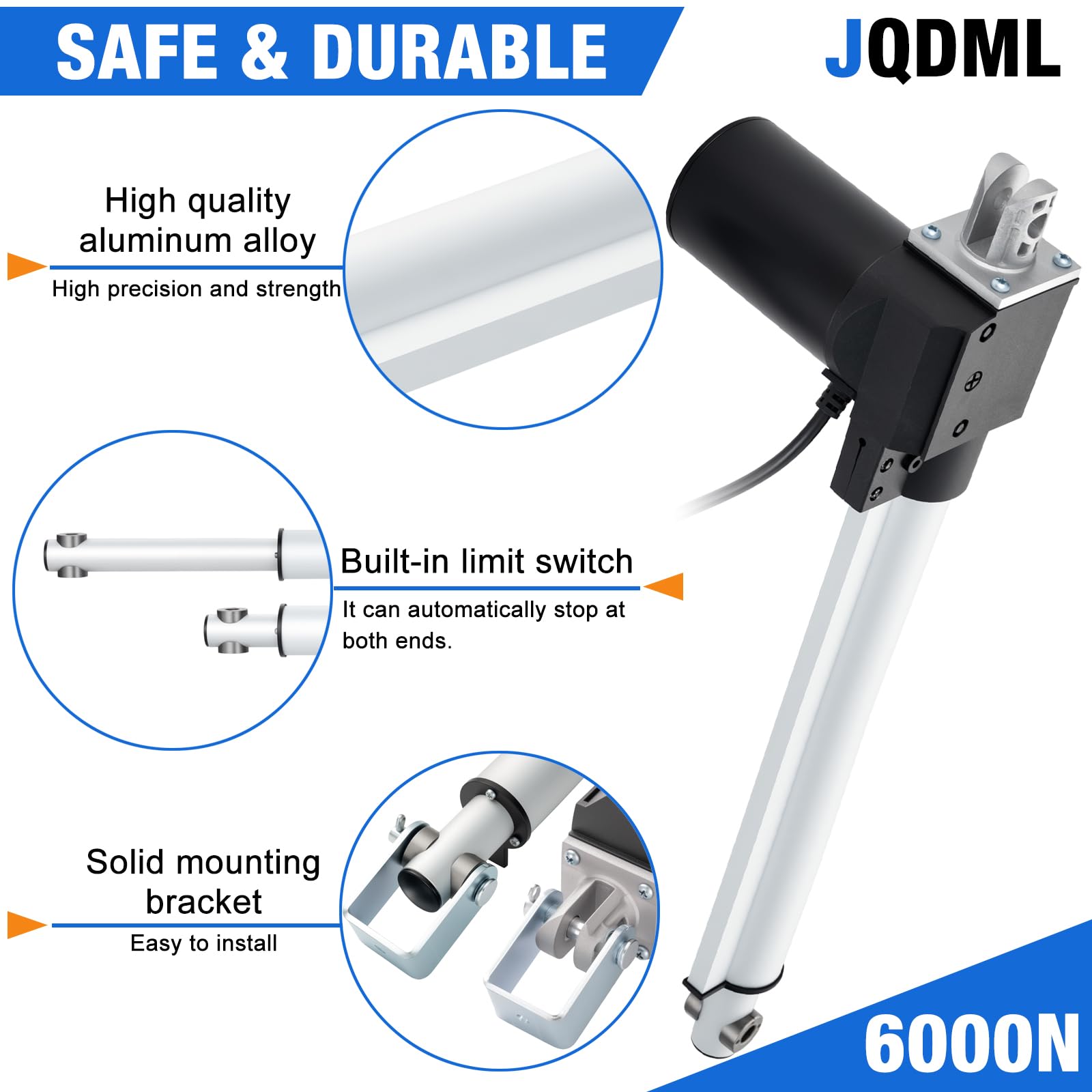 JQDML Linearantrieb, 6000 N, 12 V, 900 mm langer Hub, robuster elektrischer Stellantrieb, Geschwindigkeit 4 mm/s, mit Halterungen, für Massagebett, Tischheber, Fensteröffner, Türöffner