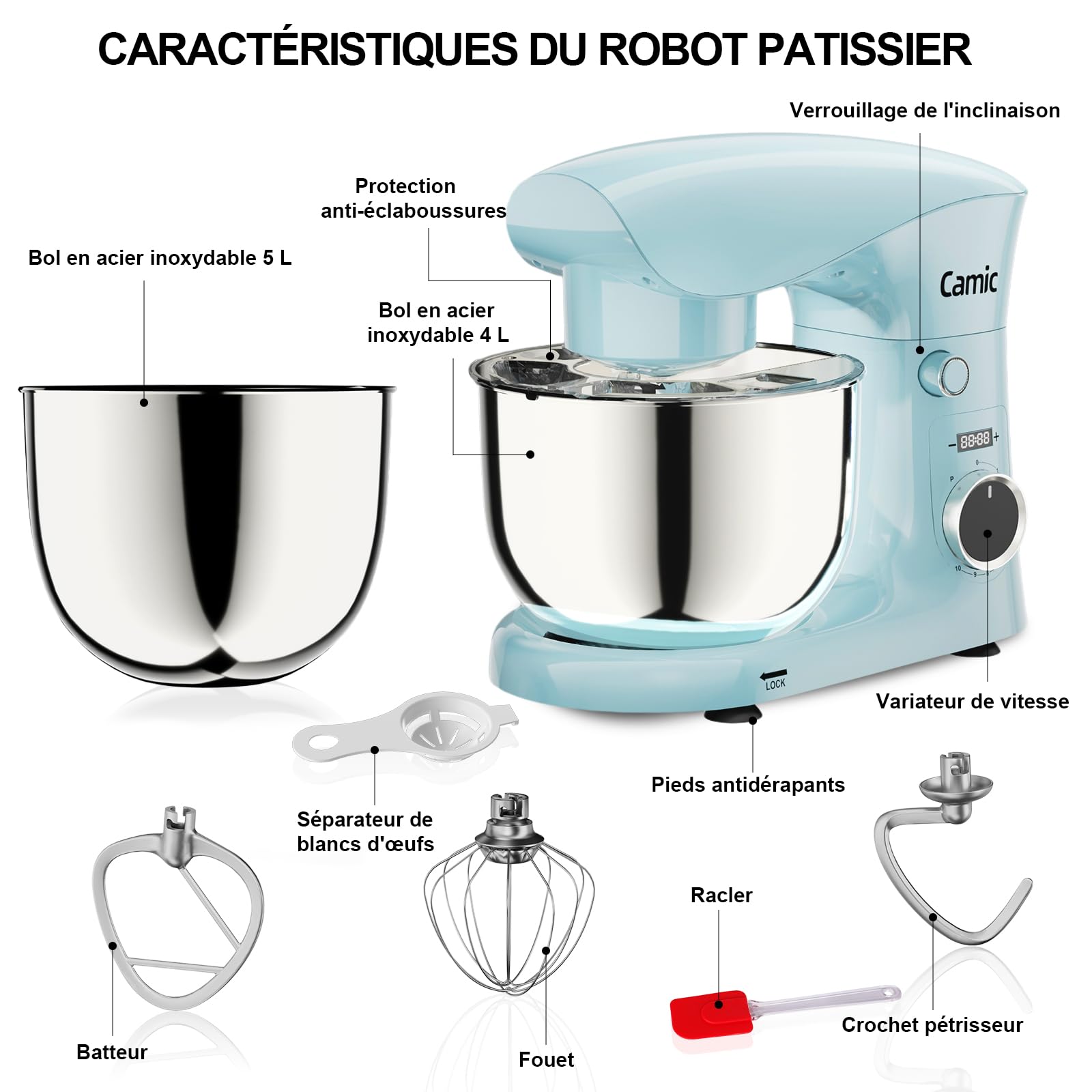 Camic Robot Pâtissier avec 3 Accessoires (Pétrissage, Mélange, Fouet), Robot Patissier avec écran LED, Minuterie, 10 Vitesses, 2 Bols en Acier Inoxydable (4 L + 5 L), pour Pâte, Pain, Pizza, Pâteaux