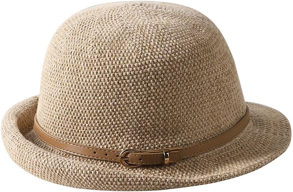 Women Straw Cloche Sun Hat Summer Church Hat Retro 1920s Round Beach Bowler Bucket Hats UPF 50+ Rolled Brim Travel Cap
