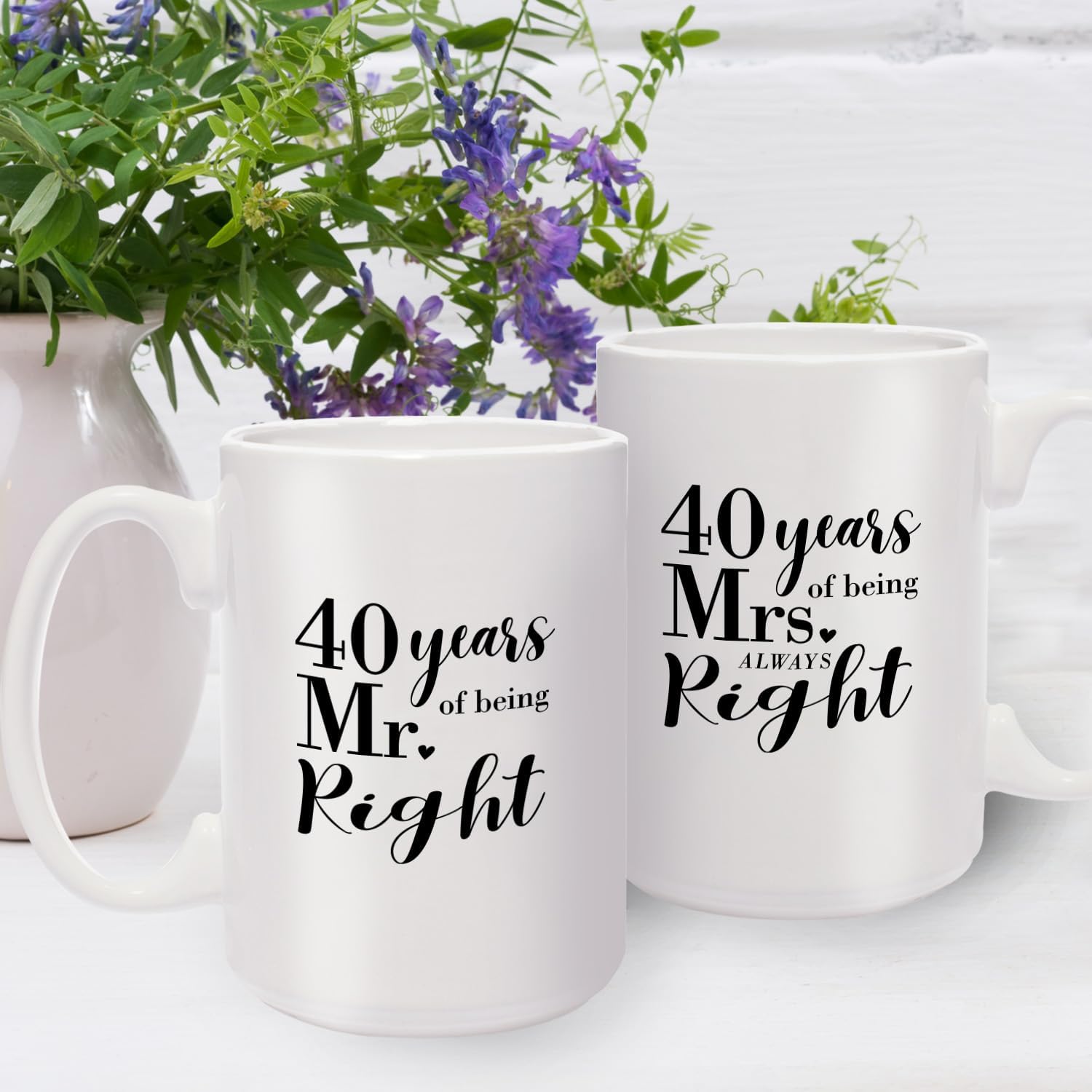 Canopy Street 40th Anniversary Mug Set / 40 Years Mr. And Mrs. Always Right Coffee Mugs / 15 Ounce Anniversary Mugs/Funny Fortieth Wedding Anniversary Party Present
