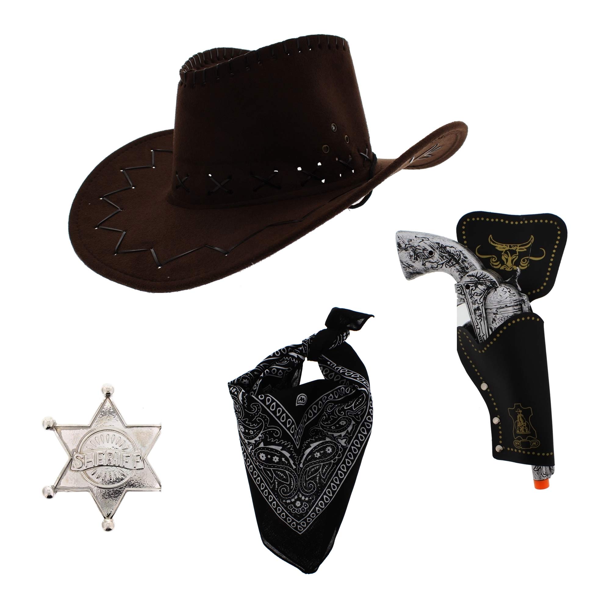 Zac's Alter Ego Fancy Dress Unisex 4 Piece Cowboy Set, Brown Hat, Black Bandana - Image 3
