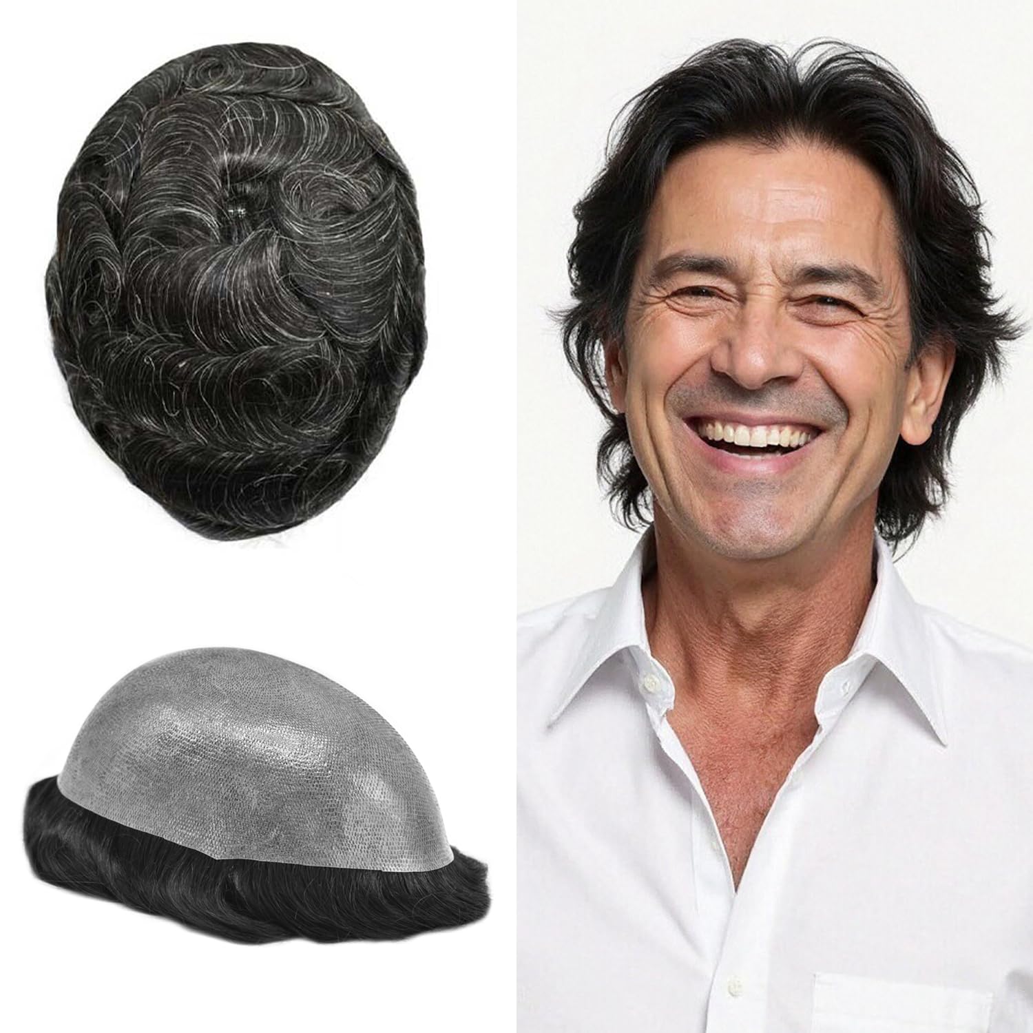 Mens Hair Piece Human Hair Replacement System for Men Full Poly Skin Toupee for Men Durable PU Mens Toupee Hairpieces #1B10 OFF BLACK+10% GREY 8X10 120% Density