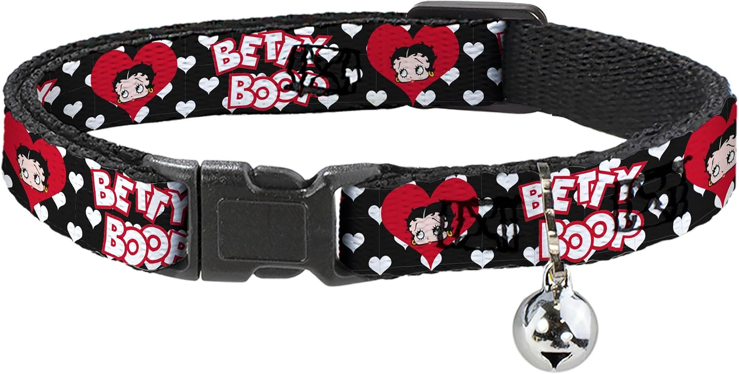 Betty Boop Breakaway Cat Collar | Betty Boop Face and Text Hearts Black White Red Durable Adjustable Bell ID Tag Ring
