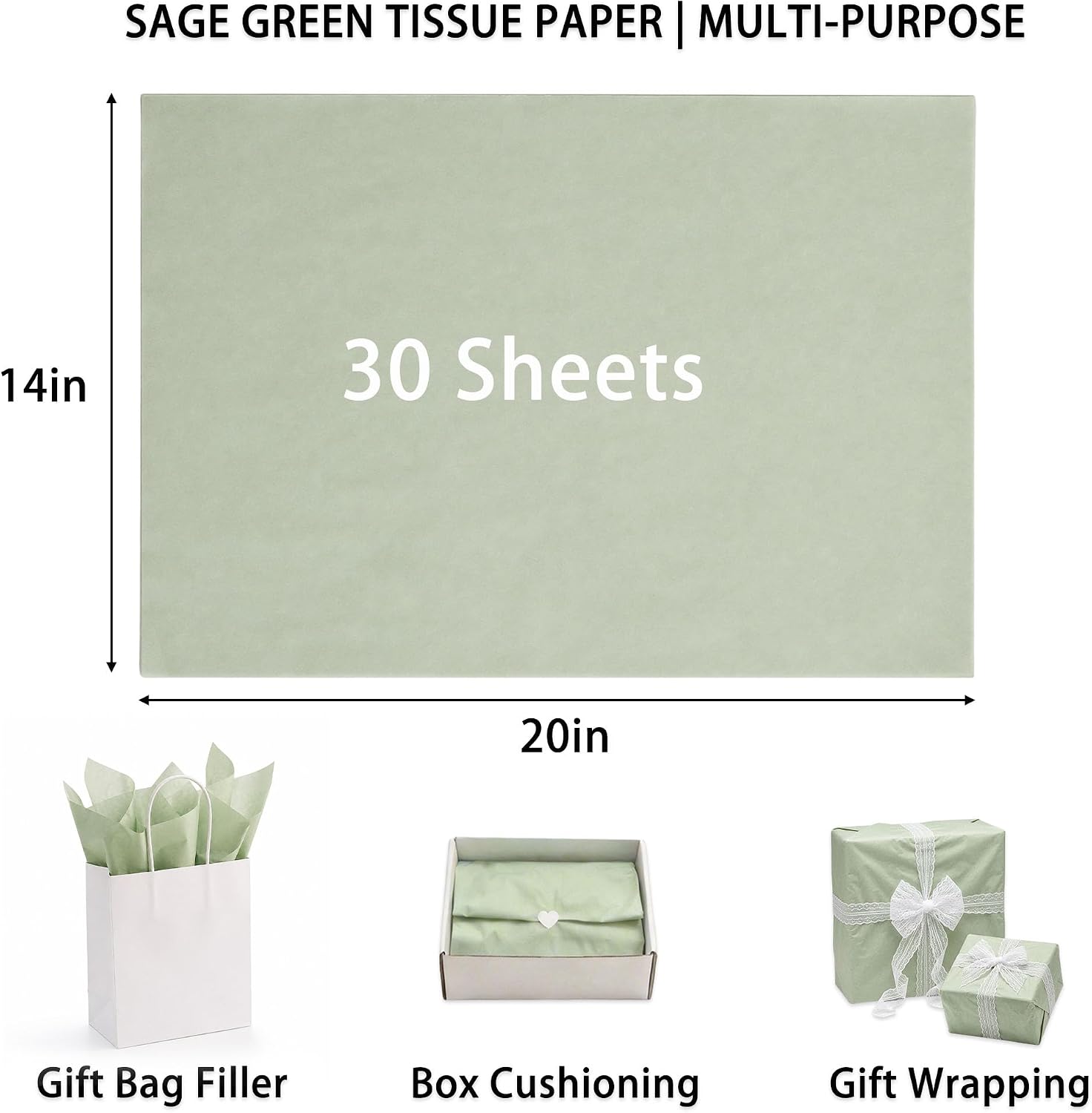 30 Sheets Sage Green Tissue Paper for Gift Bags - 20 X 14 Inches Tissue Paper Bulk for DIY Crafts Gift Packaging Weddings Baby Shower Birthday Spring Decorations