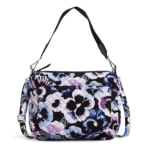 Vera Bradley Women's Cotton Carson Shoulder Bag Crossbody Purse, Plum Pansies - Recycled Cotton, One Size