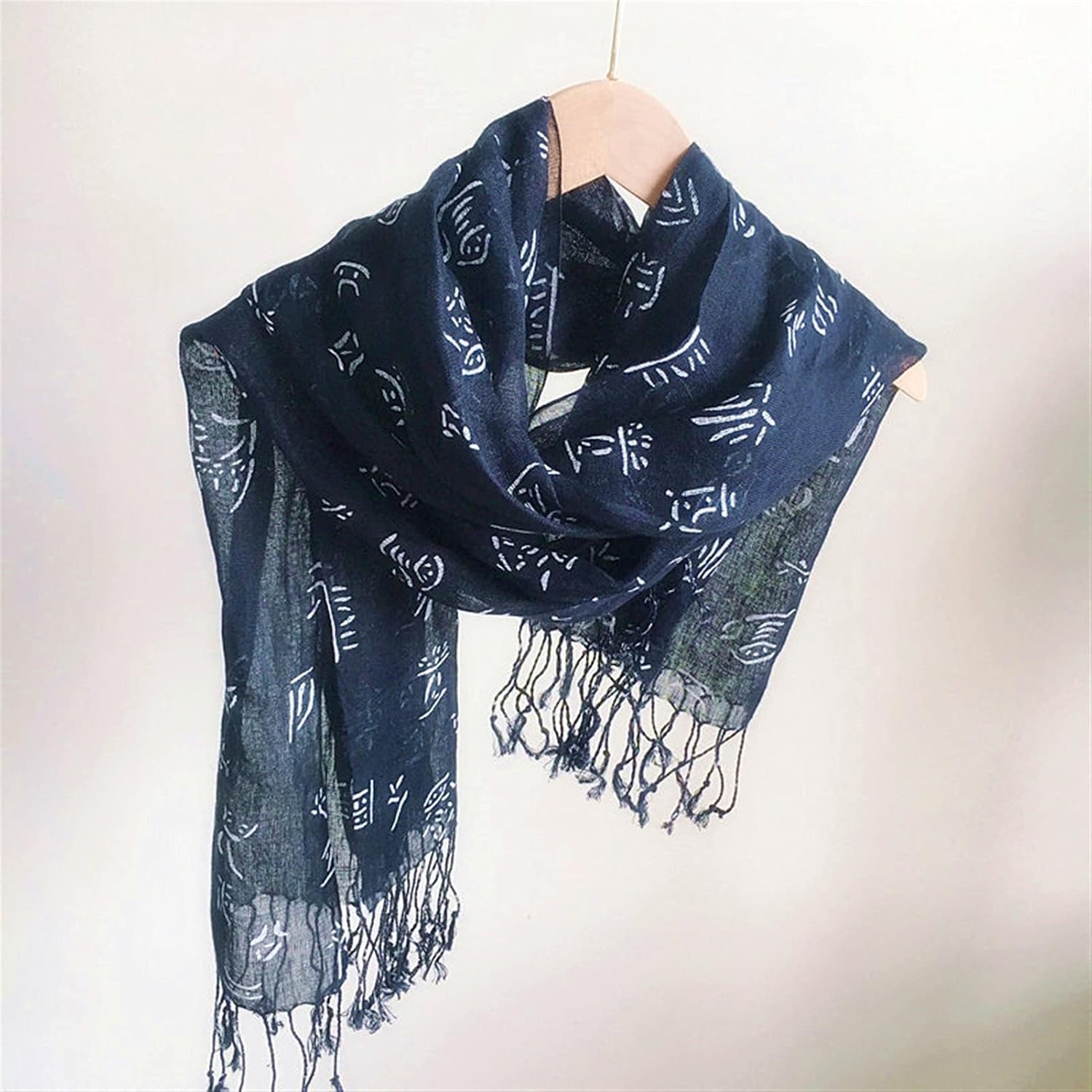 Women Navy Blue Printed Infinity Scarf Fashion Handmade Pure Linen Dots Printed Retro Scarf Shawl Hijabs (Color : C, Size : 65X210cm)