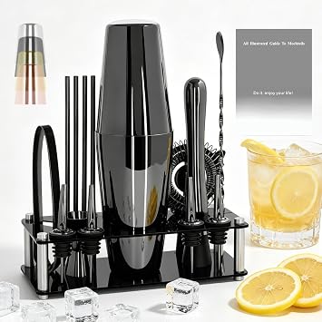 Professional Cocktail Shaker Set with Stand Cocktail Recipes, 15-Piece 750/600ml Bartender Kit, Bar Sets Bartending Kit Bar Tool Set 25/20oz Boston Shakers, Jigger, Muddler Black