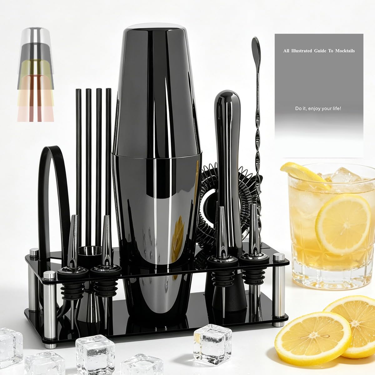 Set professionale per cocktail con supporto per ricette per cocktail, 15 pezzi, 750/600 ml, kit da barista, set da barista, set di strumenti da bar Boston da 25/20 once, jigger, pestello (nero)