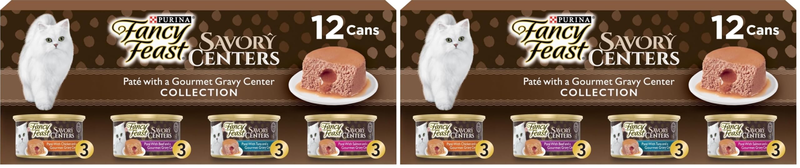Fancy Feast Purina Savory Centers Wet Cat Food Pate Variety Pack with Chicken, Salmon, Beef, and Tuna Pate with Gravy Center - (2 Packs of 12) 3 oz. Pull-Top Ca