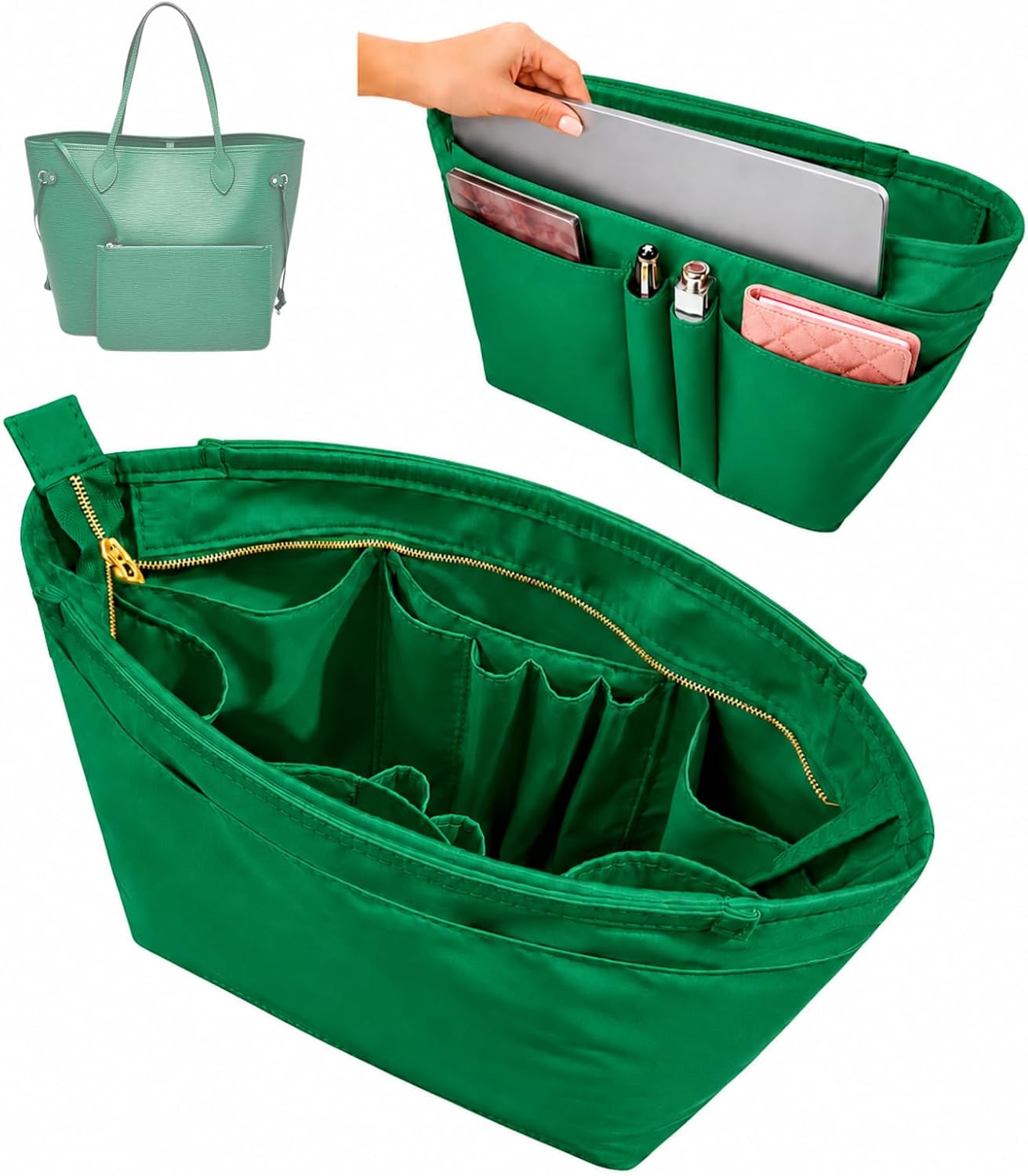 Divitize Waterproof Nylon Purse Organizer compatible with LV Neverfull Bag Insert — 16" Laptop Sleeve & 16 Pockets, Oval Shaped Liner, Secure Zipper Closure (Emerald, for Neverfull MM)