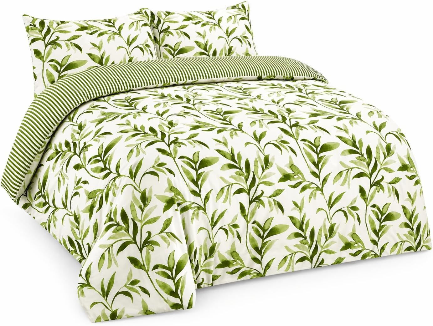 HOMES-LINEN Ellie Leaf Floral Duvet Cover Reversible Stripe Printed Duvet Bedding Set (Green, Double)