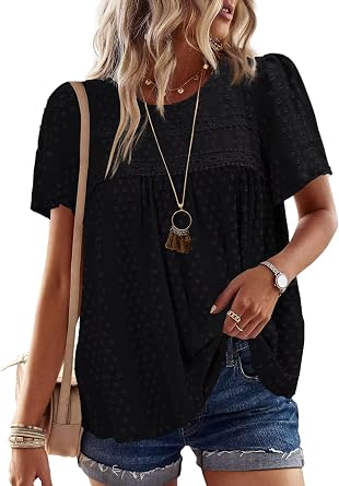 Womens Short Sleeve Boho Tops Casual Crewneck Chiffon Blouses Spring Fashion 2025 Tunic Office Western Clothes