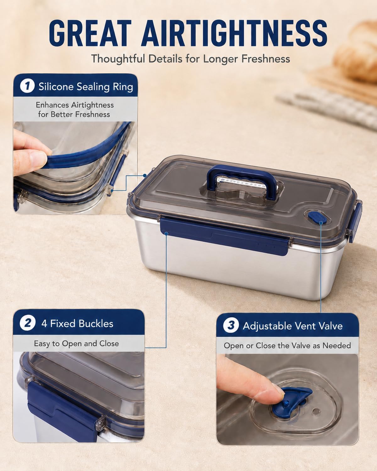 Stainless Steel Bread Box for Kitchen Countertop, Airtight Bread Storage Container with Lid, Large Capacity Bread Keeper for Homemade Bread, Loaf, Toast, Food Storage Container