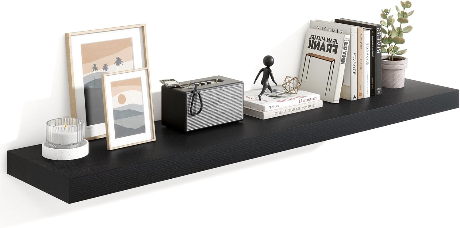 Heimlove 55 Inch Floating Shelves for Wall,10 Deep Large Black Wall Shelf with Heavy Duty Brackets,Wall Mounted Storage & Display Shelves for Bedroom,Living Room,Kitchen,Office Black 55.1"W x 10.3"D x 1.8"H, Set of 1