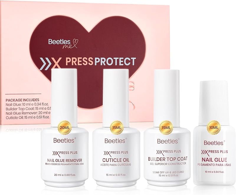Beetles Kit esencial para uñas a presión de 4 piezas, pegamento para uñas de secado rápido | Juego de capa superior constructora, removedor de uñas y aceite para cutículas, sistema completo para un uso seguro, fácil extracción y cuidado natural de las uñas