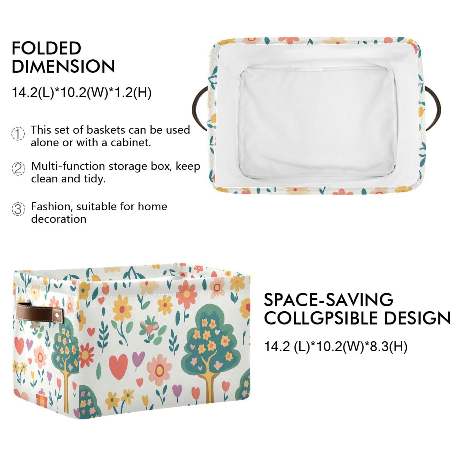 PaChyLuu Flowers Storage Basket Bin Canvas Fabric Organizer Toys Basket with Handles for Home Office Nursery, Clothes, Gifts, 1 Pcs