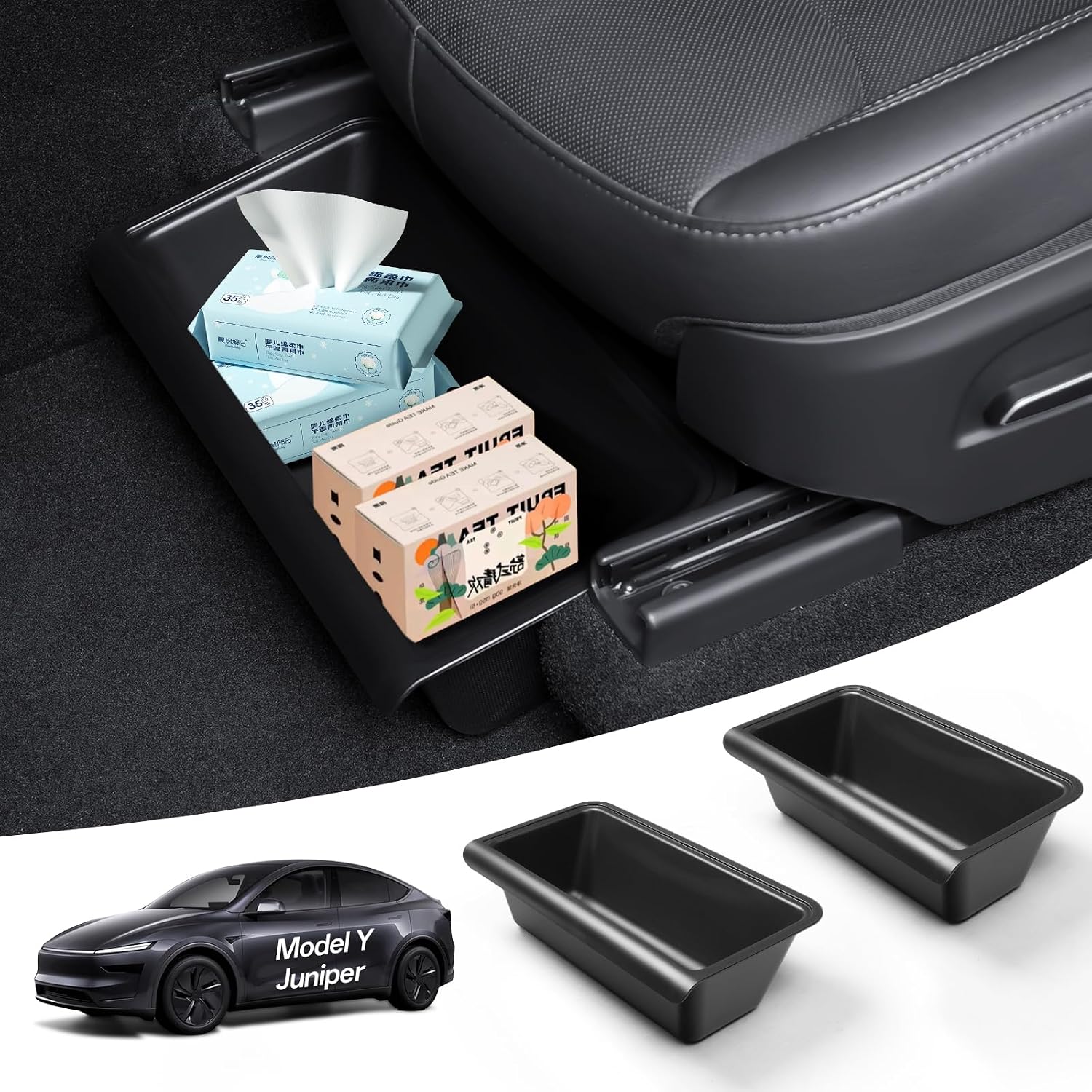 Under Seat Storage Box Organizer for Tesla Model Y Juniper 2025 2026 Hidden Underseat Organizer Bins for Tesla New Model Y juniper TPE Front and Back UnderSeat Storage Tray Accessories, 2 Pack