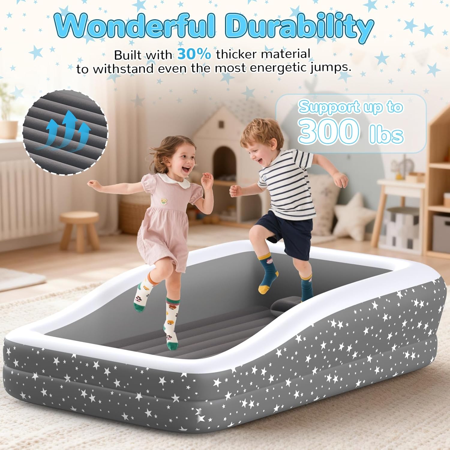 Inflatable Toddler Travel Bed with 3-Sided Safety, Large Kids Air Mattress, Portable for Camping, Travel, Home Use (67'',Grey)
