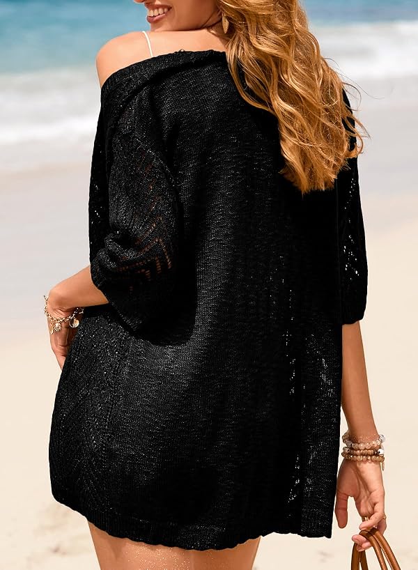 EVALESS Cardigan Sweaters for Women Trendy Crochet Knit Short Sleeve Lightweight Cardigan Kimono Boho Long Open Front Cover Up 2026 Spring Loose Fashion Elegant Clothes Black Large by EVALESS - Image 4