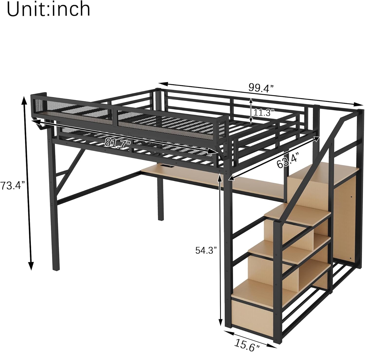 Heavy Duty Metal Queen Size Loft Bed with Desk and Storage Stairs, Open Wardrobe, Fence, Shelf, Lights, Playhouse Bed for Kids, Adults, Boys, Bedroom, Black