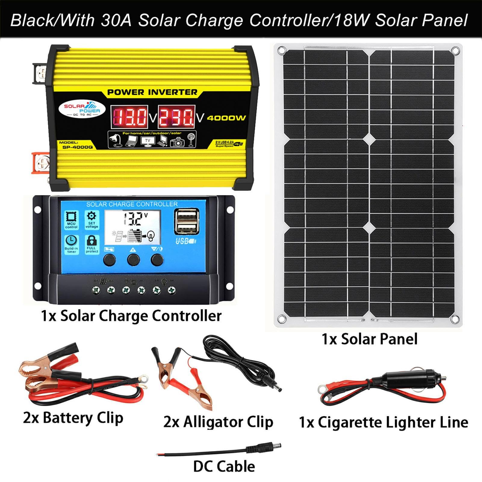 Conjunto De Energía Solar Portátil - Kit Completo De Energía Solar, 220V Inversor Corriente 4000W Con 2 Puertos USB, 30A Controlador Carga Solar, 18W Panel Solar Monocristalino, Pantalla LED