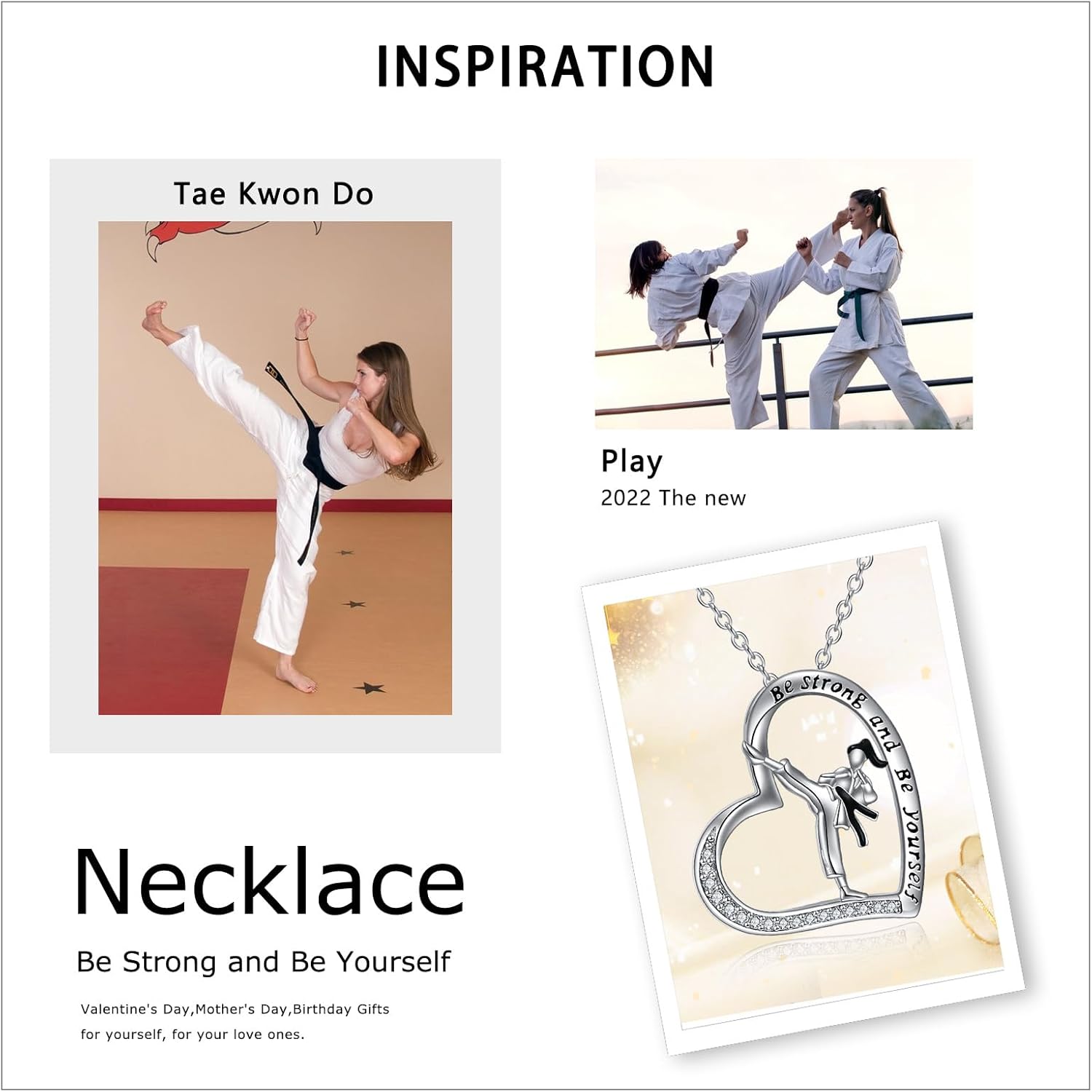 Karate Necklace 925 Sterling Silver Women’s Martial Arts Sports Taekwondo Jiu Jitsu Heart Charm High Kick Pendant Necklace